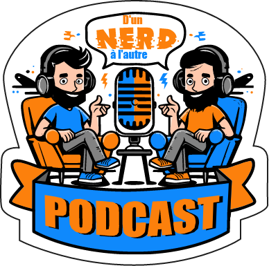 Image version animée de Nerd et aspirant devant un micro pour annoncer leur podcast.